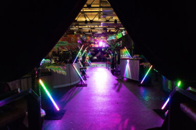 Neon jungle experience with industry standard titan tubes, velvet drape entryways, and textured lighting